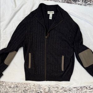 Orvis Men's Dark Gray and Tan Zip-Up Sweater
